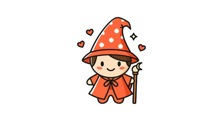 Cartoon wizard illustration with red cloak hat hearts and magic wand on white