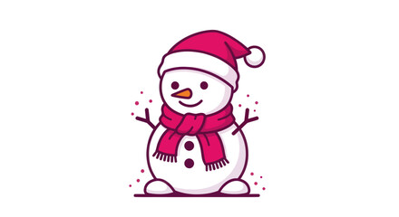 Cheerful cartoon snowman with festive pink hat and scarf on white