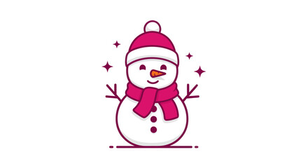 Cheerful cartoon snowman with pink accessories isolated on white background