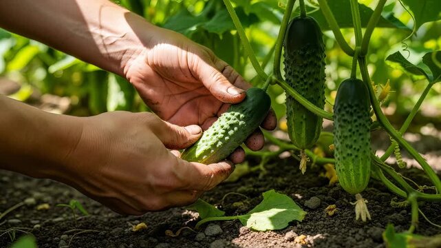 Woman gardener harvesting fresh cucumber from organic cucumber plant on farm. Garden plot with growing vegetable for healthy food.