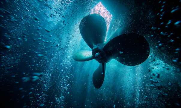 Underwater view of a large ship propeller spinning in blue water with bubbles. Propeller is dark and metallic, creating propulsion for marine transport and cargo vessel
