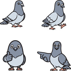 Fototapeta premium Cute Cartoon Pigeon Mascot Set with Different Poses and Expressions Vector Illustration