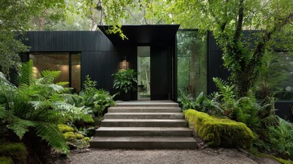Modern house entrance featuring dark minimalistic architecture blending with surrounding lush green forest, showcasing sustainable living, natural light, and tranquil environment