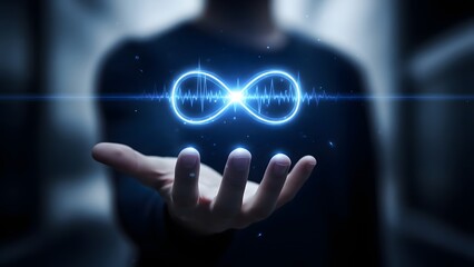 A person holding a glowing blue infinity symbol in their hand with a dark background