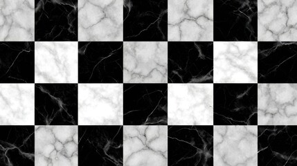 Black and white marble tiles creating a textured checkerboard pattern, forming a sophisticated and classic artistic background with natural stone details