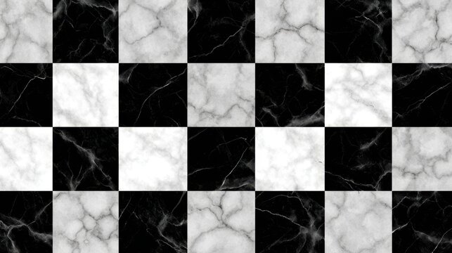 Black and white marble tiles creating a textured checkerboard pattern, forming a sophisticated and classic artistic background with natural stone details