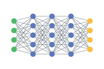 Abstract deep learning neural network on white background with layered nodes and links, representing AI systems, data analysis and intelligent computing.