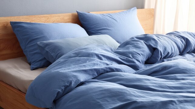 Modern bedroom interior with a wooden bed dressed in soft blue linen duvet and layered pillows, creating a serene, cozy, scandinavian inspired space for rest and relaxation - Powered by Adobe