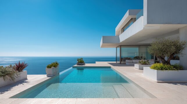 Modern luxury villa with an infinity pool flowing toward the clear blue mediterranean sea, sunlit terrace and minimalist architecture for an exclusive, serene vacation lifestyle