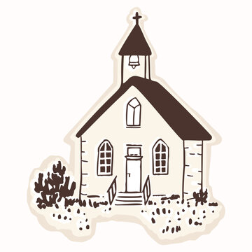 Village church chapel motif with christian cross and landscape scene. Hand drawn black and white illustration. Religious faith based christianity theme. Isolated flat vector bible journaling sticker