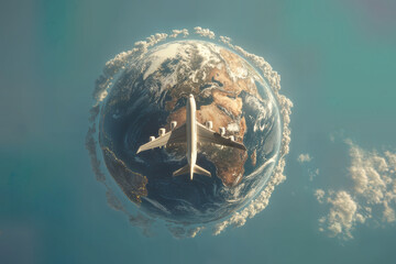 An airplane glides gracefully across a globe against a serene backdrop, symbolizing the interconnectedness of global travel and exploration. 