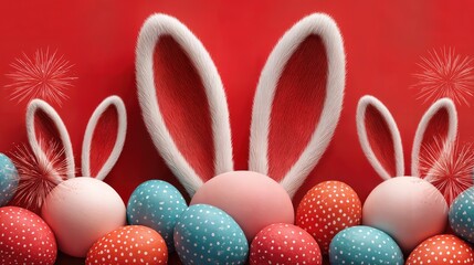 Easter eggs with bunny ears and fireworks, the joyous feeling of spring season.