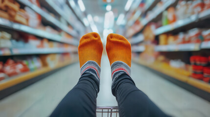 A unique perspective from inside a shopping cart. The socks, a vibrant splash of color, offers a playful contrast to the endless rows of grocery shelves. A unique POV image.