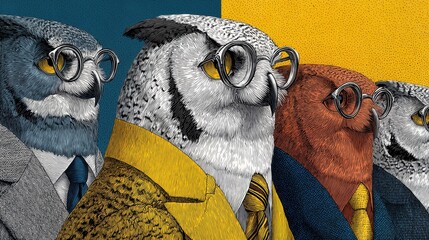 An intriguing composite captures a group of owl figures, exuding intellectualism and poised confidence in their unique attire, set against a two-toned backdrop.