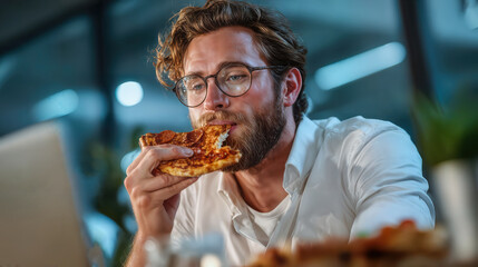 A man savoring a slice of pizza. This image shows a close-up of a man enjoying a pizza, illustrating food, lifestyle, and a moment of indulgence.