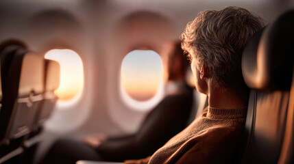 A passenger on the airplane seat, enjoying scenic sky, travel in flight. Capturing a moment of reflection and serenity in transit. 