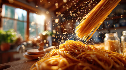 A close-up shot of uncooked spaghetti, artfully arranged on a wooden surface, with a blurred background. The scene suggests culinary artistry and a rustic ambiance.
