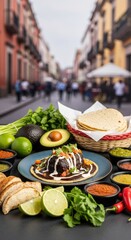 Traditional Mexican meal arranged beautifully outdoors. Fresh avocados, limes, chili peppers, corn tortillas, diverse salsas, and rich mole sauce ready to savor.