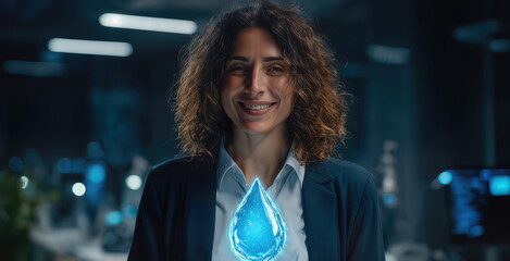 A focused professional, glowing with optimism, tenderly cradles a symbolic water droplet in a high-tech setting. The shot illuminates the power of innovation.