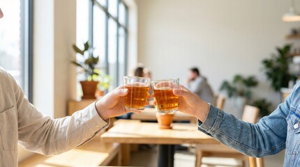 Cheers with drinks in a bright, modern setting.