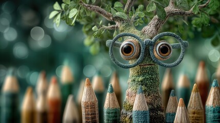 A whimsical tree with eyeglasses, surrounded by pencils, stands as a charming representation of creativity and learning, evokes curiosity and imagination.
