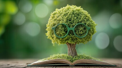 A whimsical tree with glasses, perched on an open book. This scene evokes a sense of learning, nature, and intellectual curiosity.