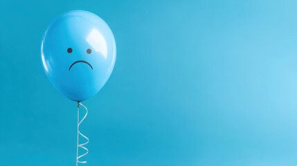 Blue balloon with a sad face on light blue background. Blue Monday concept