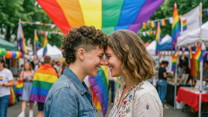 Joyful lesbian couple sharing an intimate moment, touching foreheads at a colorful LGBTQ Pride festival filled with rainbow flags.