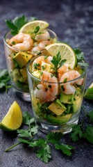 Vibrant Mexican seafood cocktail, fresh succulent shrimp with diced avocado, garnished with bright lime and aromatic cilantro in clear elegant glasses on a dark surface.