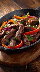 Sizzling beef fajitas, tender steak strips with vibrant bell peppers and red onions, cooked in a hot cast iron skillet. Delicious traditional Mexican cuisine served on wood.