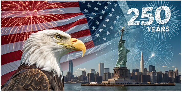 American independence celebration with bald eagle Statue of Liberty fireworks and USA flag over New York.