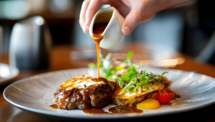 A person is pouring sauce on a plate of food. The plate has meat and vegetables on it