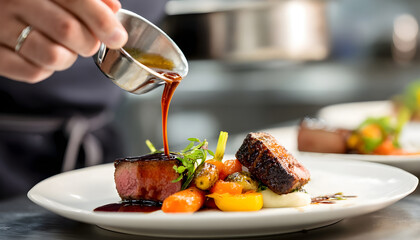 A person is pouring sauce on a plate of food. The plate has meat and vegetables on it