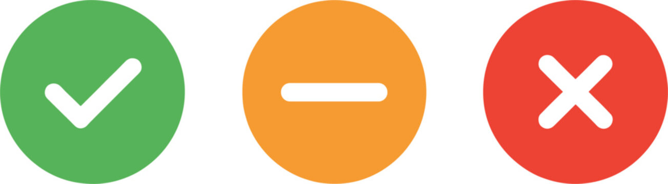 Colorful flat vector icon set featuring a green checkmark, orange minus sign, and red cross mark for web interface and mobile application button design.