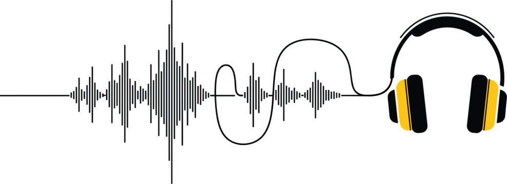 Minimalist music concept featuring professional headphones connected to a digital sound frequency waveform line art isolated on white background for studio design.