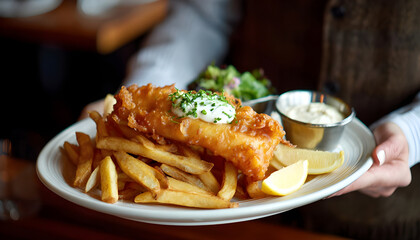 Serving a Plate of Fish and Chips