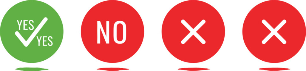 Obraz premium Set of green check mark yes and red cross no circle icons for decision making voting survey results and user interface feedback symbols isolated on white background.