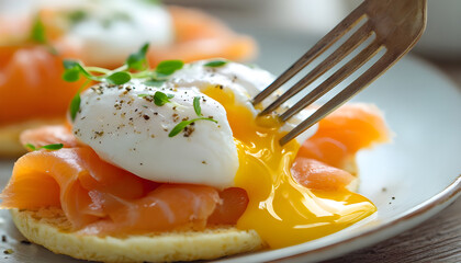 Fresh Poached Egg on Salmon with Crumpet. Protein Rich Healthy Breakfast with Fork and Knife Opening Egg with Release Soft Yolk.