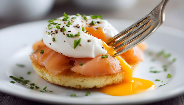 Fresh Poached Egg on Salmon with Crumpet. Protein Rich Healthy Breakfast with Fork and Knife Opening Egg with Release Soft Yolk.