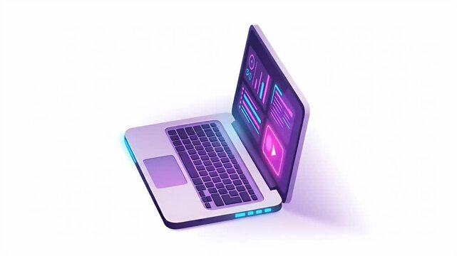 Futuristic Laptop Displaying Digital Analytics And Charts With Neon Glow