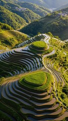 Lush green rice terraces ascend rolling hills under a bright sky, reflecting sunlight, showing agricultural beauty, demonstrating cultivation.