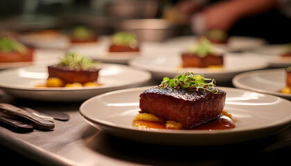 A plate of food with a piece of meat sticking out of it. The plate is on a table with other plates and utensils