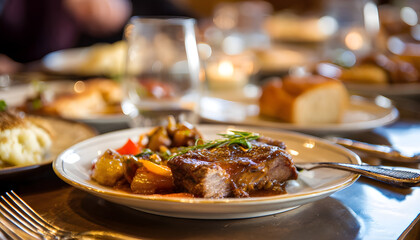 A plate of food with a piece of meat sticking out of it. The plate is on a table with other plates and utensils