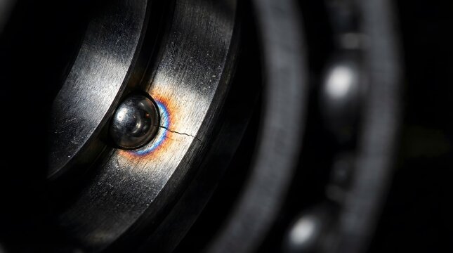 Close up of cracked ball bearing with heat discoloration representing mechanical failure