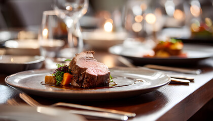 A plate of food with a piece of meat sticking out of it. The plate is on a table with other plates and utensils