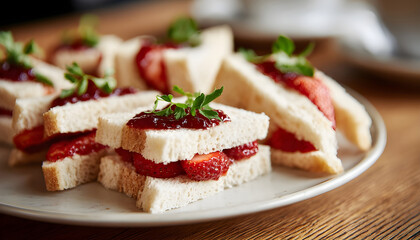 A plate of sandwiches with a strawberry jam on top. The sandwiches are cut into small pieces and arranged on a wooden table