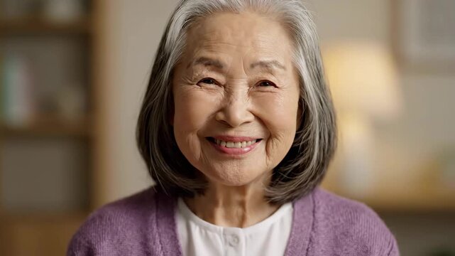 Smiling elderly Asian woman with gentle mood looking at camera against cozy home interior background