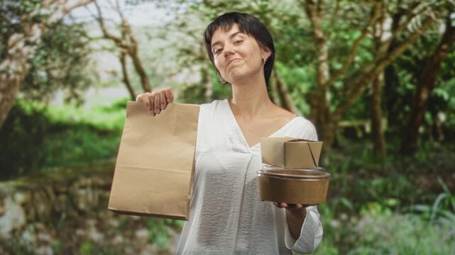 Woman with short hair holding a paper bag and stacked cardboard food boxes, smiling and holding them out with one hand in a forest; sustainable takeaway joy.