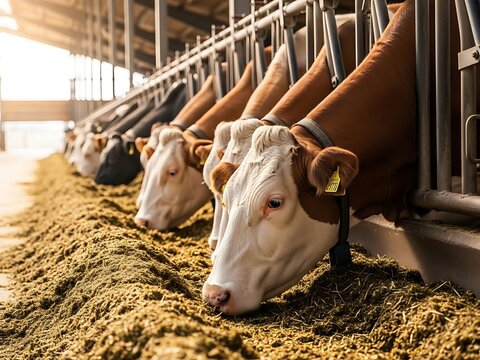 Dairy Cows Eating Silage in a Modern Farm Stable. Generative Ai