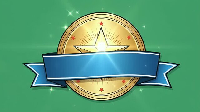 Golden Star Emblem with Blue Ribbon Green Background Motion Graphic